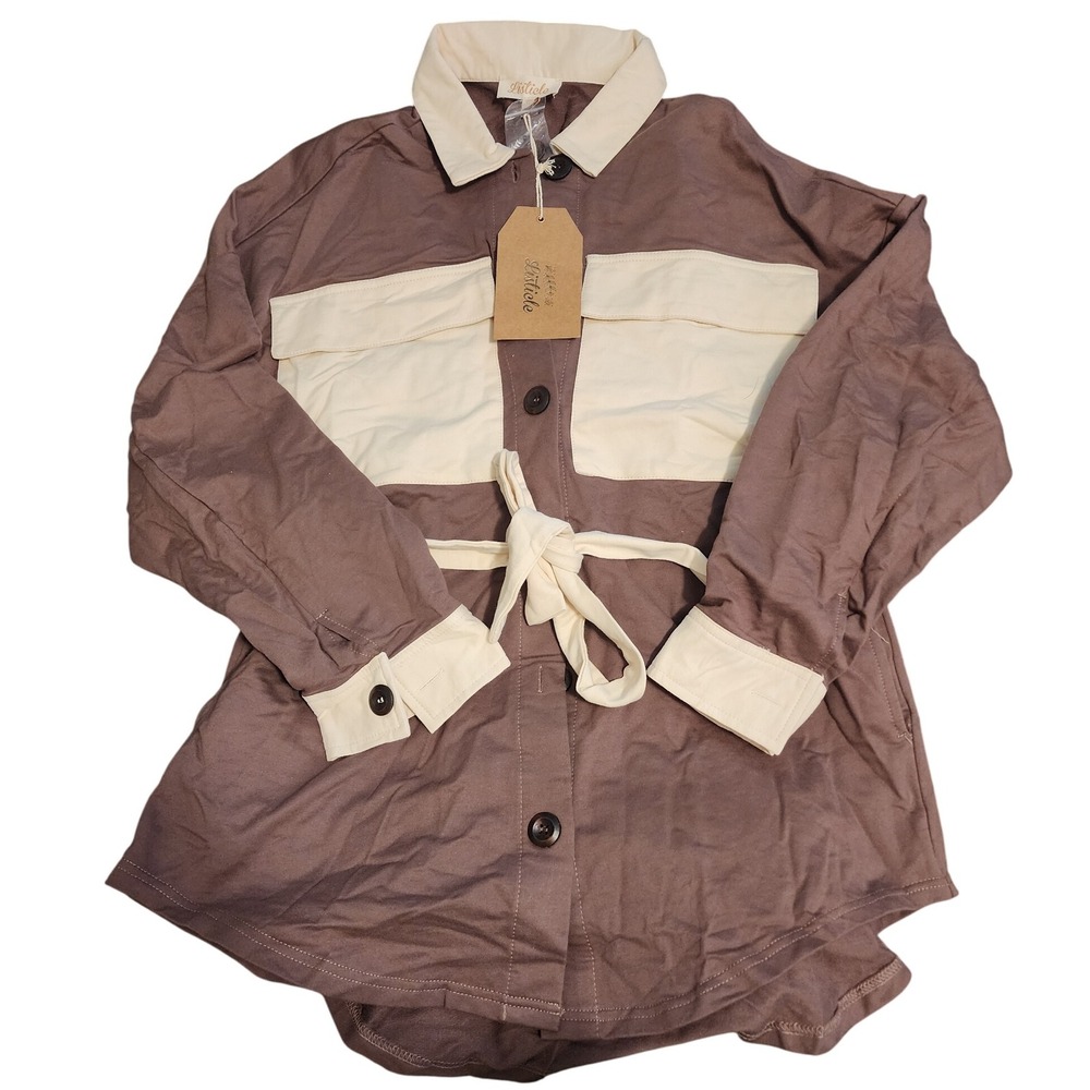 Listicle‎ Women's Brown Cream Colorblock Button Up Shirt Jacket Tie Waist Size M